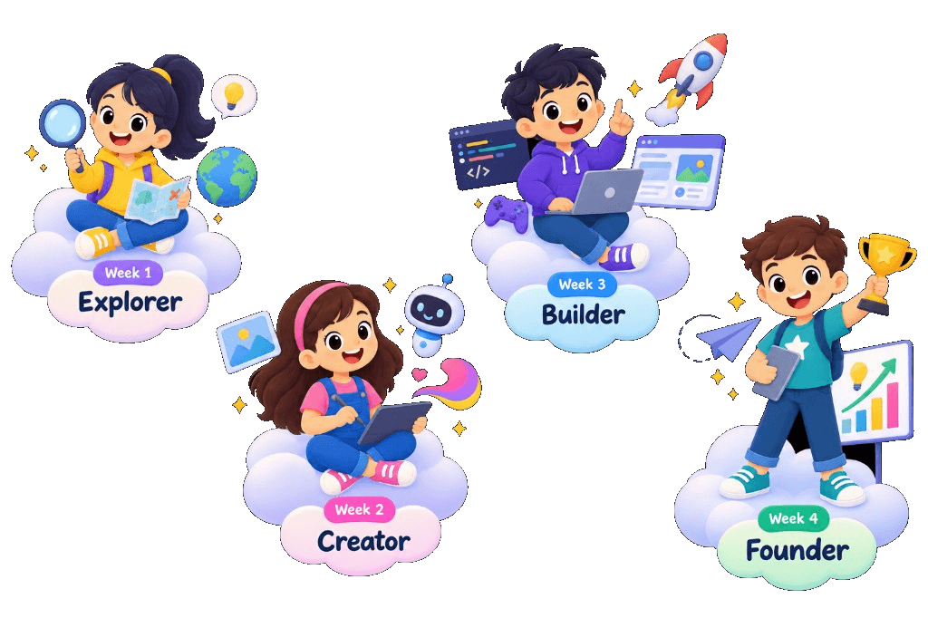 4-week AI Camp journey — Explorer, Creator, Builder, Founder